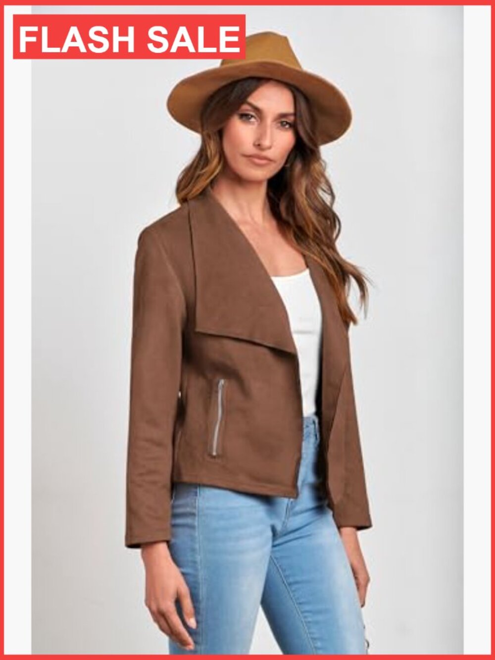 Faux Suede Cropped Jacket Waterfall Collar Long Sleeve Open Front Casual Outwear - Picture 6 of 7